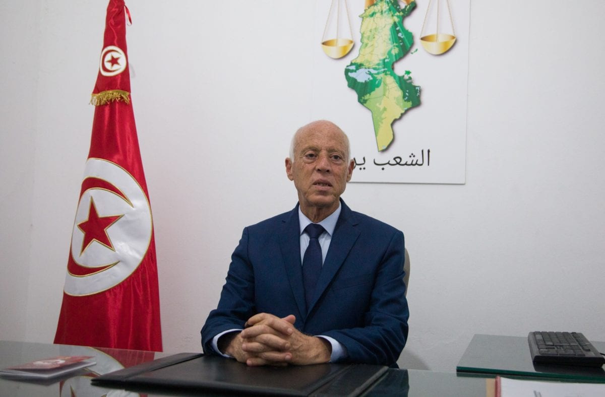Presidential candidate Kais Saied makes a speech as he wins the presidential election according to unofficial results in Tunis on 15 September 2019. [Nacer Talel - Anadolu Agency]