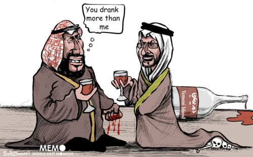 MBS and MBZ bloody Yemeni war - Cartoon [Sabaaneh/MiddleEastMonitor]
