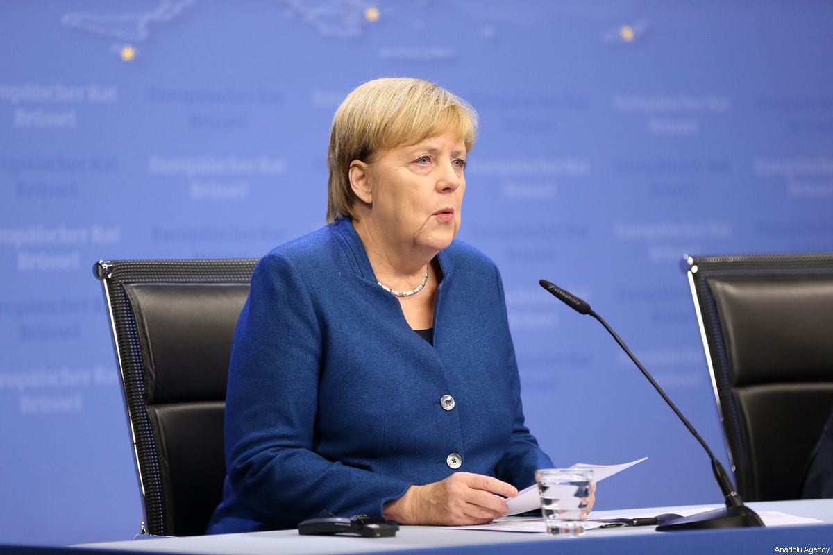 German Chancellor, Angela Merkel speaks during a news conference at a European Union (EU) leaders summit in Brussels, Belgium on 18 October 2019. Dursun Aydemir - Anadolu Agency]