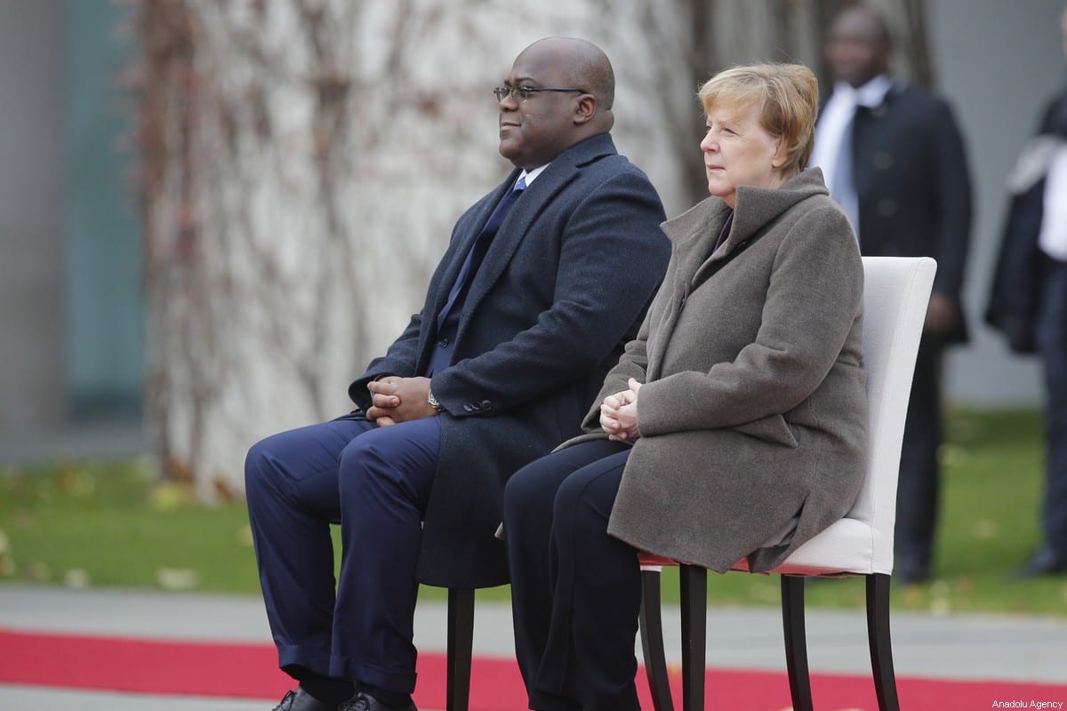 German Chancellor Angela Merkel (R) welcomes President of Democratic Republic of Congo Felix Tshisekedi (L) with an official ceremony in Berlin, Germany on November 15, 2019 [Abdülhamid Hoşbaş / Anadolu Agency]