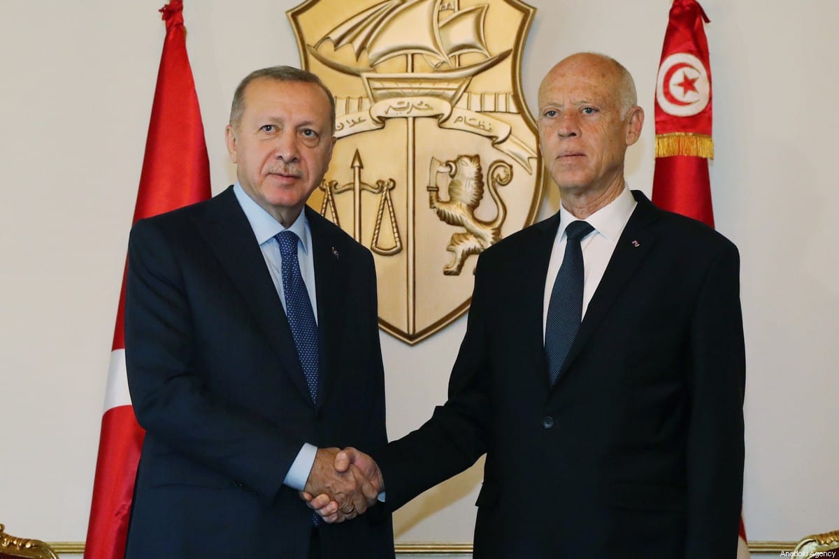 President of Turkey, Recep Tayyip Erdogan (L) and Tunisian President Kais Saied (R) meet in Tunis, Tunisia on 25 December 2019. [Turkish Presidency / Murat Cetinmuhurdar / Handout - Anadolu Agency]