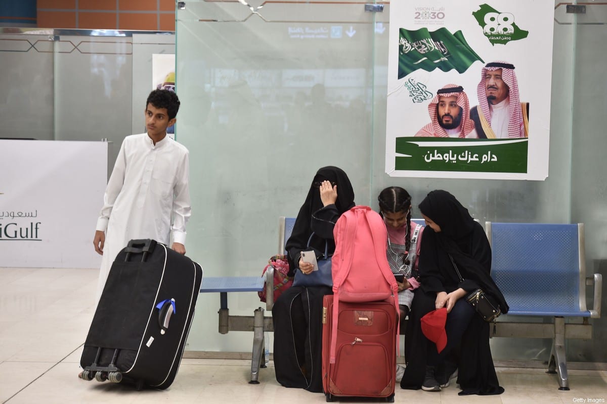 A picture taken during a guided tour with the Saudi military on June 13, 2019 shows passengers waiting for their flight at Abha airport in the popular mountain resort of the same name in the southwest of Saudi Arabia, one day after a Yemeni rebel missile attack on the civil airport wounded 26 civilians. - Saudi Arabia accused its arch-foe Tehran of ordering the missile strike on the airport on June 12, drawing promises of "stern action" from the Saudi-led coalition fighting the Yemeni Huthi rebels. (Photo by Fayez Nureldine / AFP) (Photo credit should read FAYEZ NURELDINE/AFP via Getty Images)