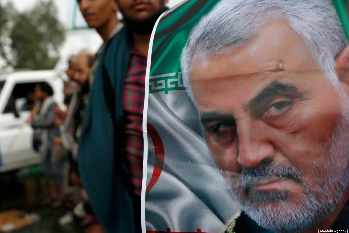 People gather to protest the US air strike in Iraq that killed Iranian commander Qasem Soleimani on 6 January, 2020 [Mohammed Hamoud/Anadolu Agency]