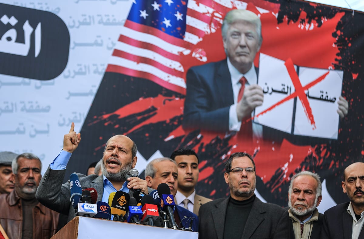 Senior Hamas leader Khalil al-Hayya makes a speech during a protest against Deal of Century in Gaza City, Gaza on January 28, 2020. [Ali Jadallah/Anadolu Agency]