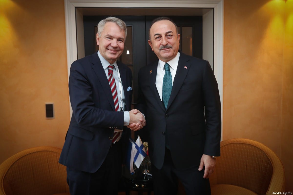 Foreign Minister of Turkey Mevlut Cavusoglu (R) meets Minister for Foreign Affairs of Finland, Pekka Haavisto on February 15, 2020 [Cem Özdel/Anadolu Agency]