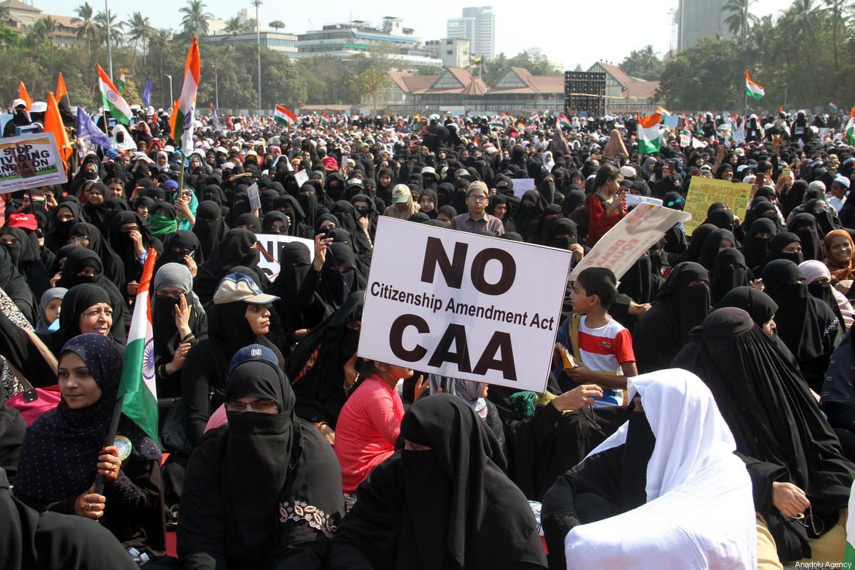 Indian Muslims participate in a protest against the Indian government's Citizenship Amendment Act (CAA), the National Register of Citizens (NRC) and the National Population Register (NRP), in Mumbai, India on February 15, 2020 [Imtiyaz Shaikh/Anadolu Agency]