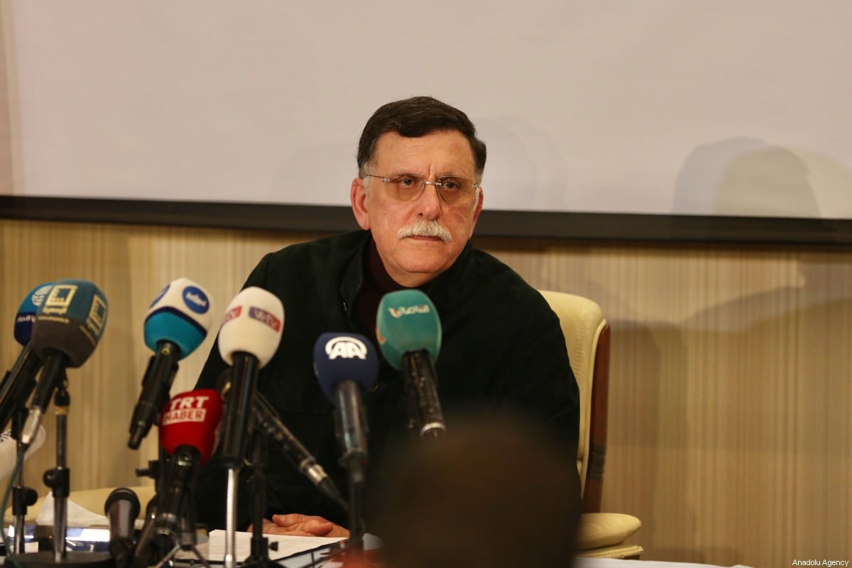 Fayez al-Sarraj, Chairman of the Presidential Council of Libya’s Government of National Accord (GNA) holds a press conference in Tripoli, Libya on 15 February 2020. [Hazem Turkia - Anadolu Agency]
