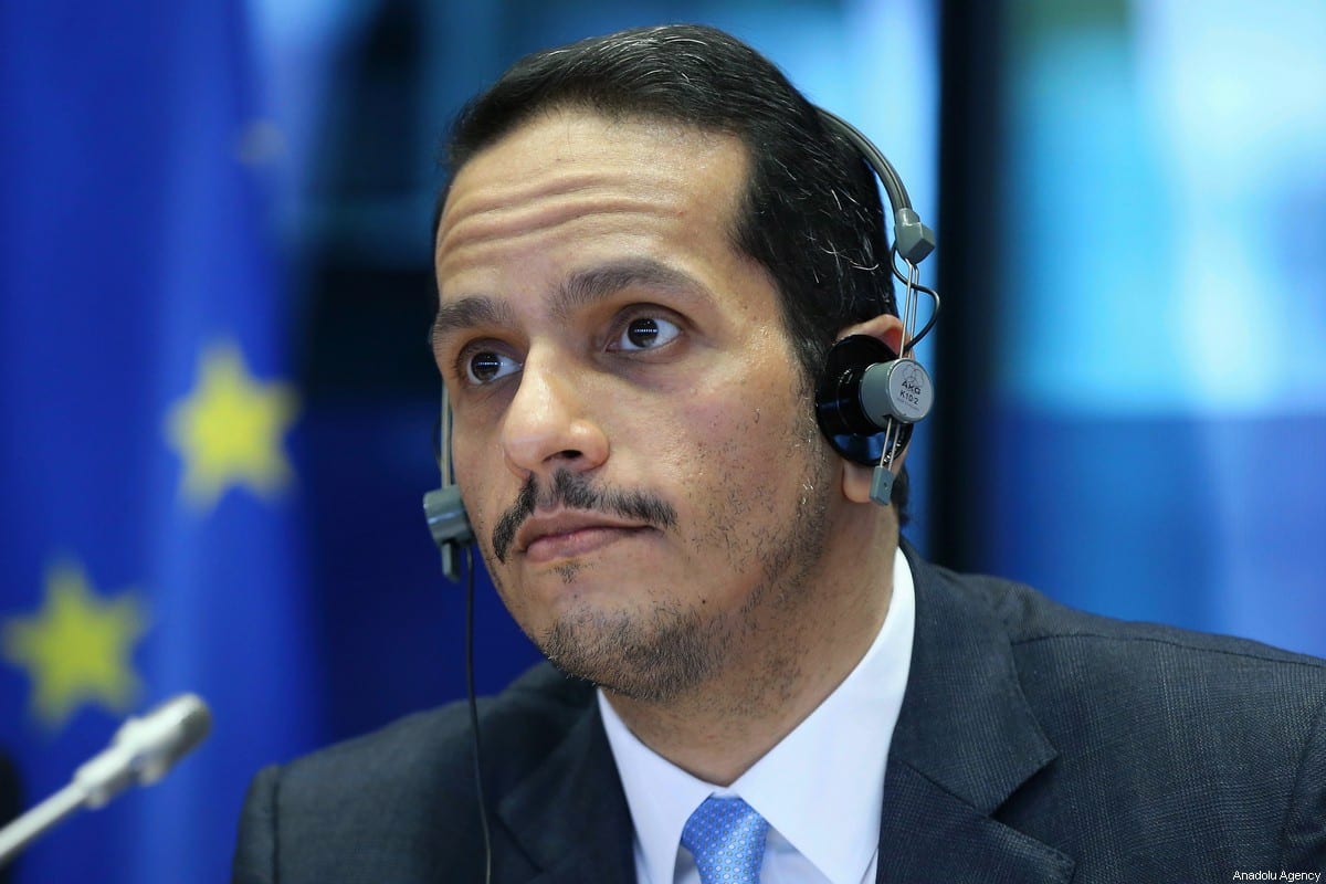 Minister of Foreign Affairs of Qatar Mohammed bin Abdulrahman bin Jassim Al-Thani delivers his remarks at European Parliament Committee on Foreign Affairs in Brussels, Belgium on February 19, 2020. [Dursun Aydemir - Anadolu Agency]