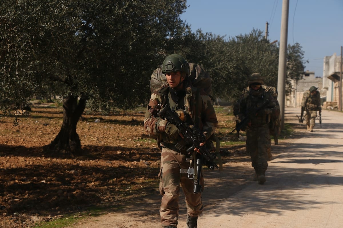 Turkish soldiers seen during a patrol in the Idlib de-escalation zone in Syria on 20 February 2020 [İbrahim Hatib / Anadolu Agency]