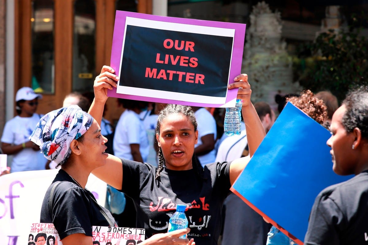 Migrant domestic workers protest for the abolishment of the kafala system in the Lebanese capital Beirut on 5 May 2019 [ANWAR AMRO/AFP/Getty Images]