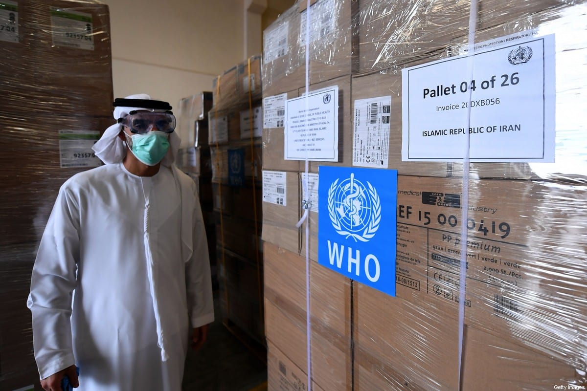 Tonnes of medical equipment and coronavirus testing kits provided bt the World Health Organisation are pictured at the al-Maktum International airport in Dubai on 2 March, 2020 [KARIM SAHIB/AFP via Getty Images]