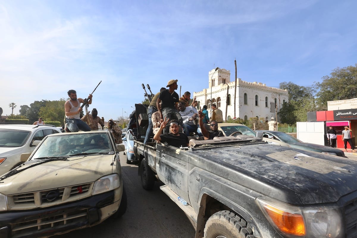 Libya's Government of National Accord forces celebrate after taking control of Sabratha and its Surman town from warlord Khalifa Haftar’s forces within "Operation Peace Storm" in Sabratha, Libya on April 13, 2020 [Hazem Turkia - Anadolu Agency]