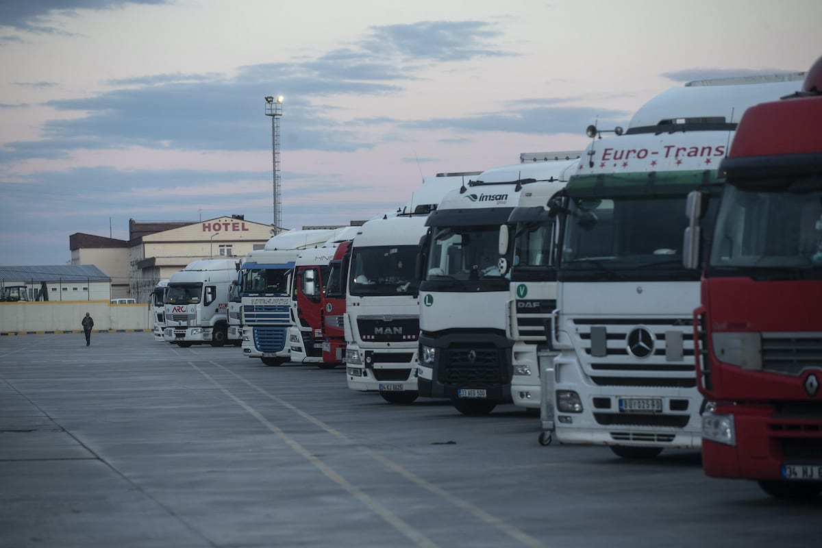 EDIRNE, TURKEY - MAY 8: Truck carrying products exported from Turkey to Europe are seen in the track park before leaving the country at the Kapikule customs gate in Edirne, Turkey on May 8, 2020. ( Gökhan Balcı - Anadolu Agency )