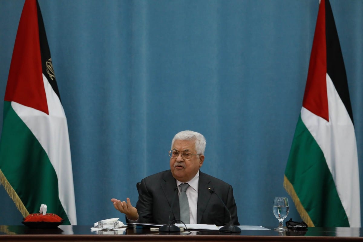 Palestinian President Mahmoud Abbas attends a executive council meeting of Palestine Liberation Organization (PLO) in Ramallah, West Bank on 7 May 2020 [Issam Rimawi/Anadolu Agency]