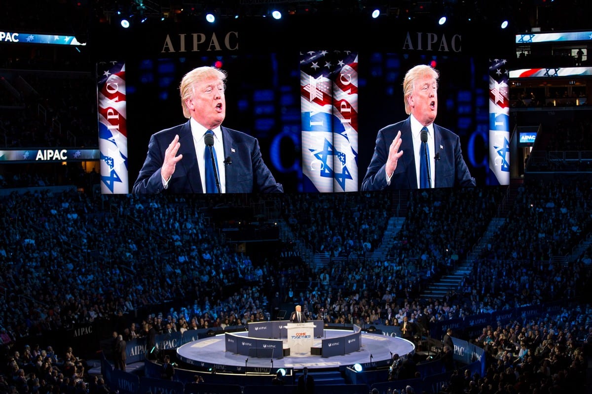 US President Donald Trump speaking at AIPAC, Washington DC, 21 March 2016 [Lorie Shaull/Flickr]