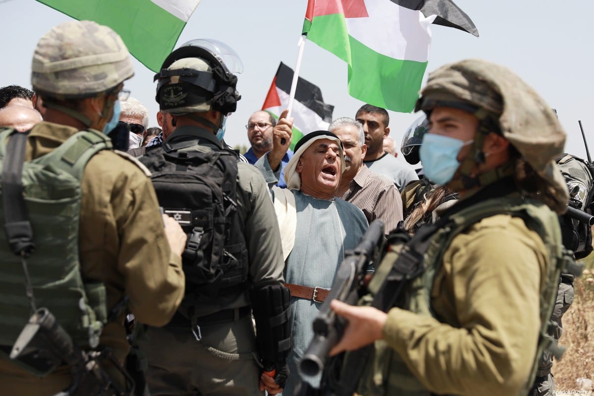 Israeli forces at a Palestinian protest in the West Bank, Palestine on 5 June 2020 [Issam Rimawi/Anadolu Agency]