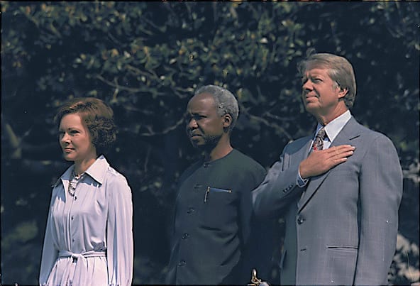 Rosalynn Carter, President Julius Nyerere of Tanzania and Jimmy Carter, on 4 August 1977 [Wikipedia] *4 August 1977