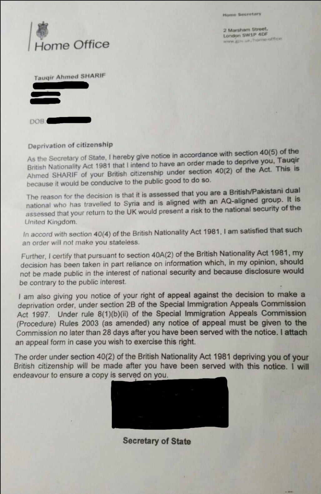 Letter from the Home Office revoking the British citizenship of Tauqir Sharif