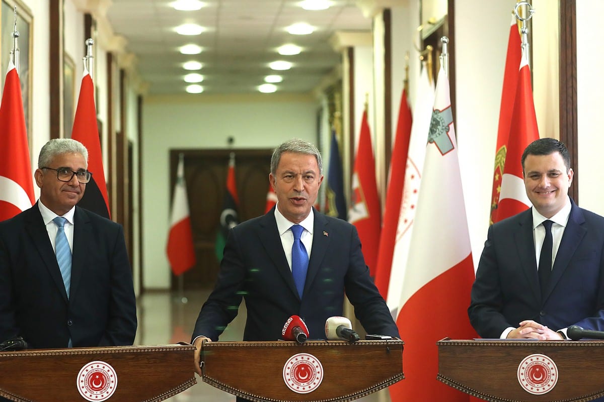 Turkish Defense Minister Hulusi Akar (C) Libyan Interior Affairs Minister Fethi Basaga (L) and Maltese National Security and Home Affairs Minister Byron Camilleri (R) following their tripartite meeting for Libya in Ankara, Turkey on 20 July 2020 [Arif Akdoğan/Anadolu Agency]