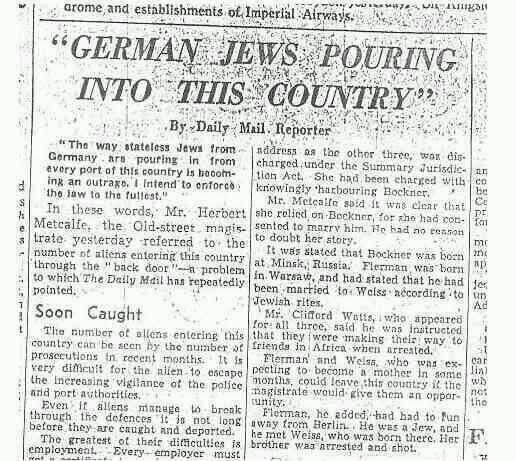 Clipping from the British newspaper Daily Mail in 1938 on German Jews fleeing persecution "pouring" into the UK