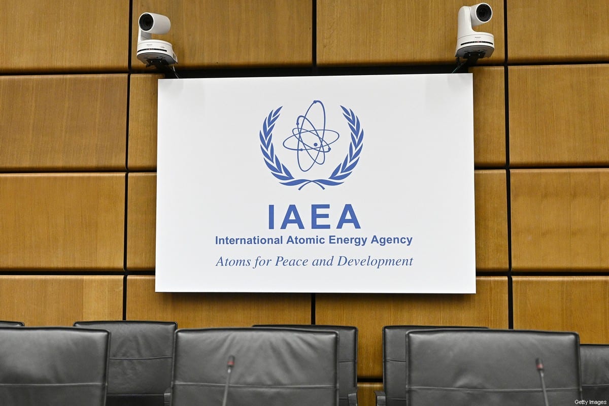 Logo of the International Atomic Energy Agency (IAEA) prior to a meeting in Vienna on August 1, 2019 [HANS PUNZ/AFP via Getty Images]