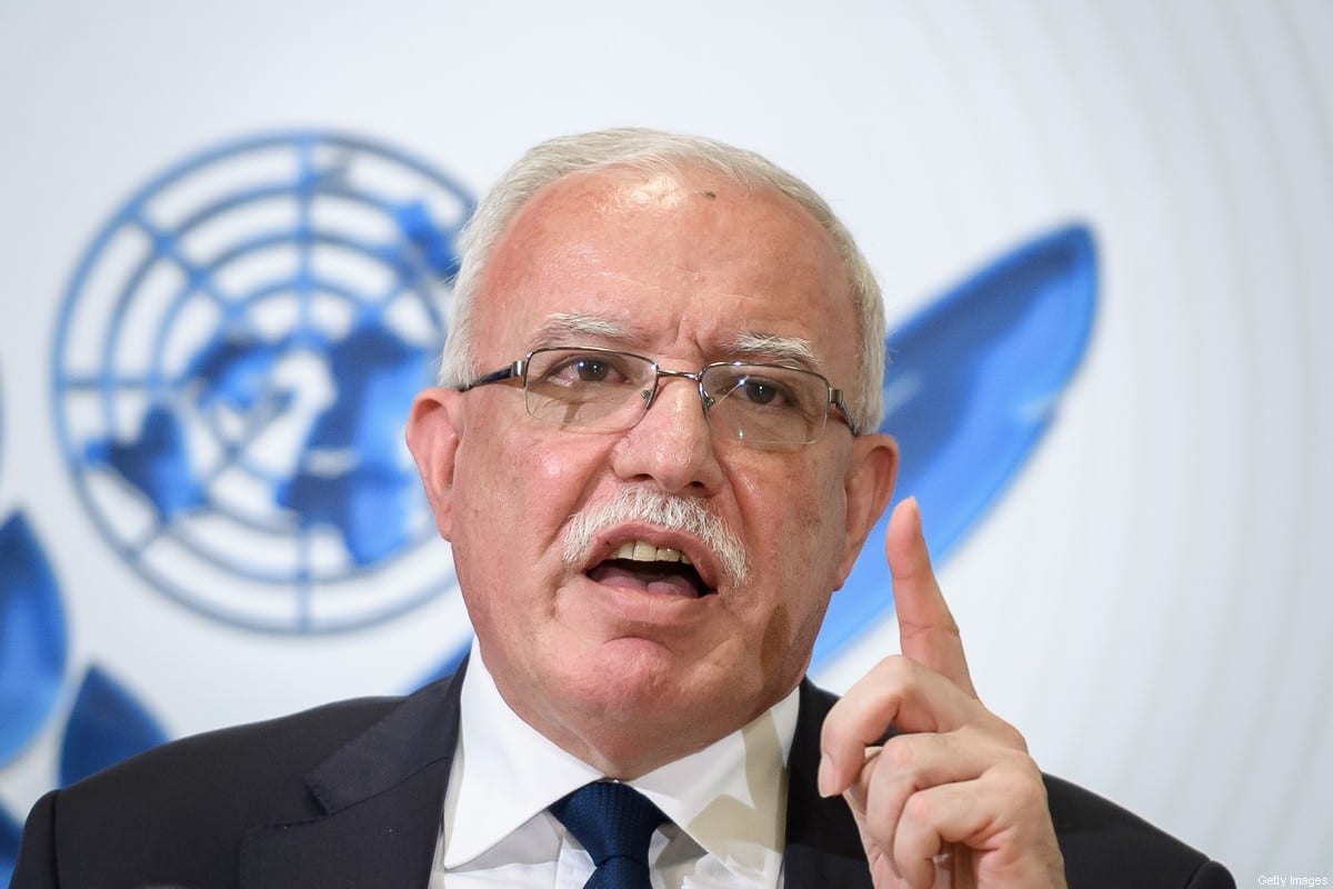 Palestinian foreign minister Riyad al-Maliki gestures during a press conference organized by Geneva Association of United Nations Correspondents (ACANU) on February 26, 2020 at the UN Office in Geneva. - Israel's plan to build new settler homes in a particularly sensitive area of the occupied West Bank would destroy the prospect of a two-state solution al-Maliki said. (Photo by Fabrice COFFRINI / AFP) (Photo by FABRICE COFFRINI/AFP via Getty Images)