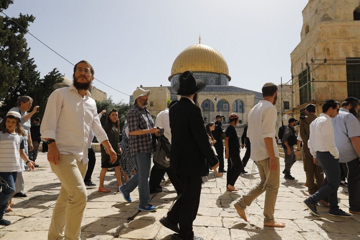 Israeli settlers, under Israeli police protection, are seen as they raid Al-Aqsa Mosque Compound in Jerusalem on 2 June 2019 [AHMAD GHARABLI/AFP/Getty Images]
