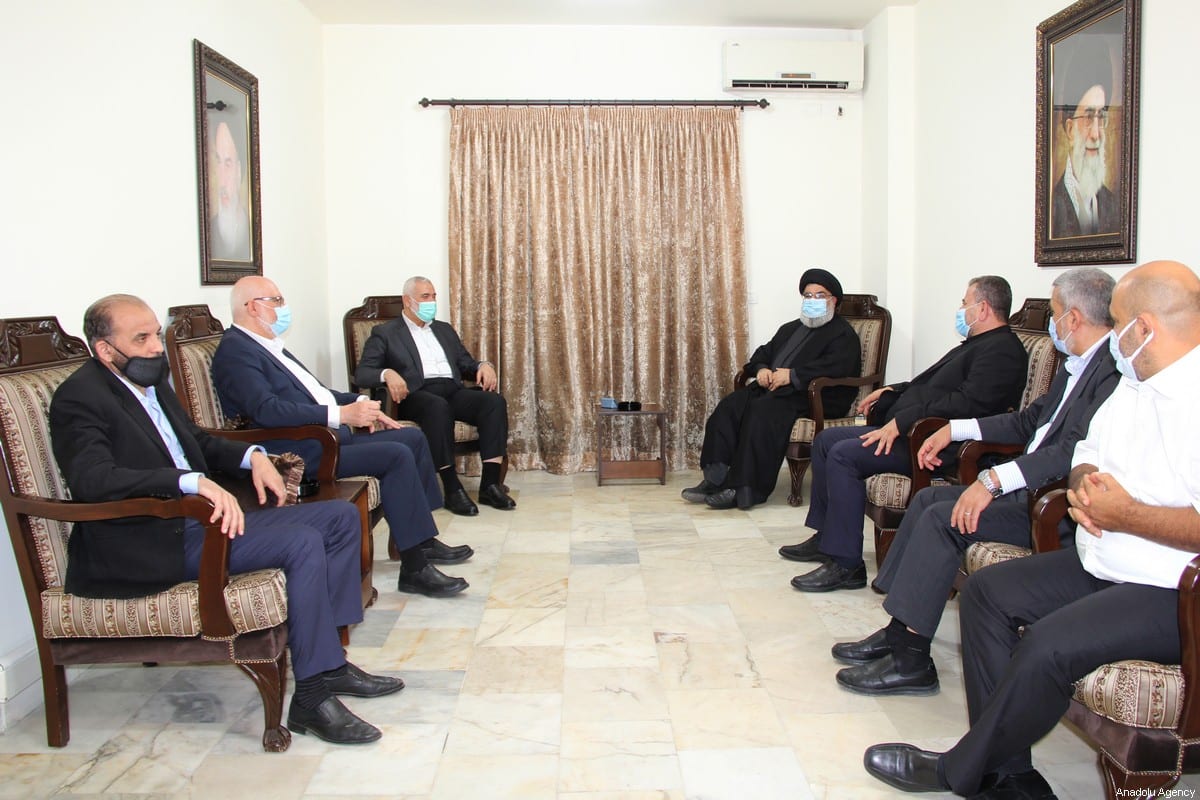 Chairman of the Hamas Political Bureau Ismail Haniyeh (3rd L) and Hezbollah Secretary-General Hassan Nasrallah (4th R) meet in Beirut, Lebanon on 6 September 2020. [Hezbollah Press Office / Handout - Anadolu Agency]