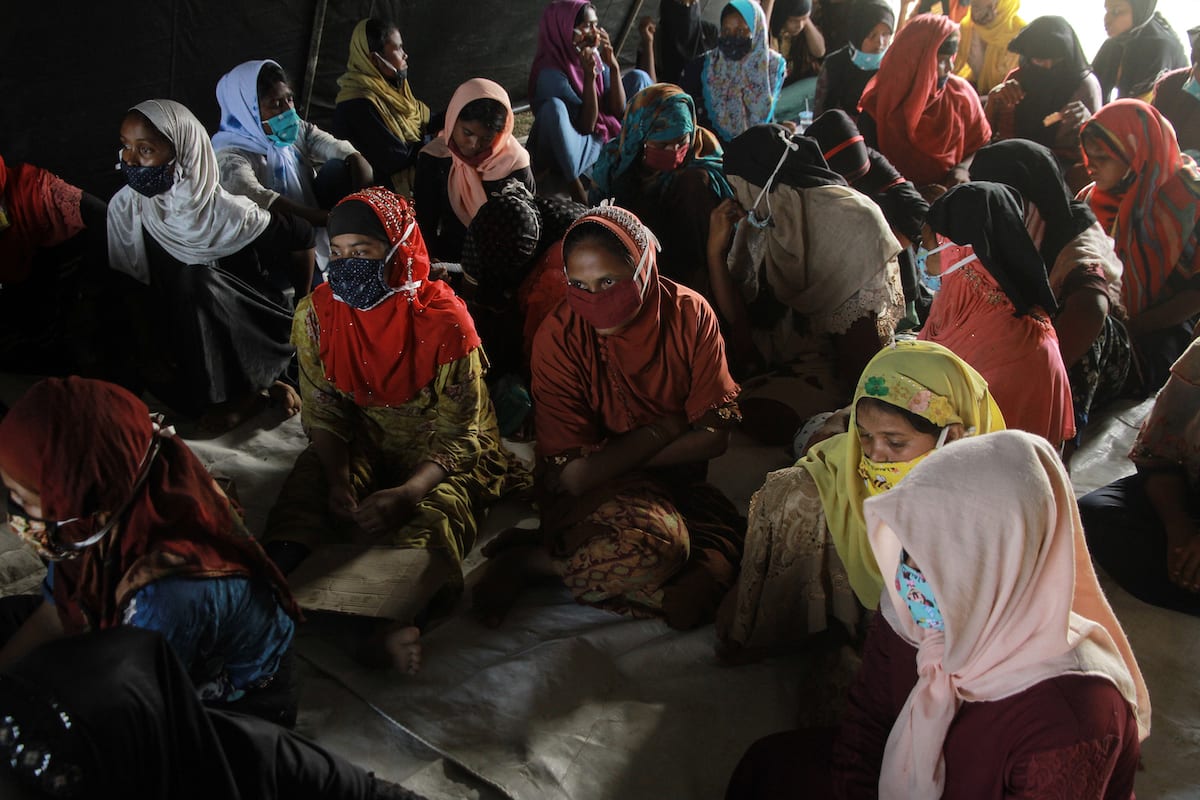 LHOKSEUMAWE, INDONESIA - SEPTEMBER 7: Rohingya refugee women are seen at the Work Training Center (BLK) in Lhokseumawe City, Aceh Province, on September 7, 2020. According to officials, as many as 297 Rohingya refugees consisting of 104 men, 178 women and14 children are stranded into Aceh waters on early Monday. ( Khalis Surry - Anadolu Agency )