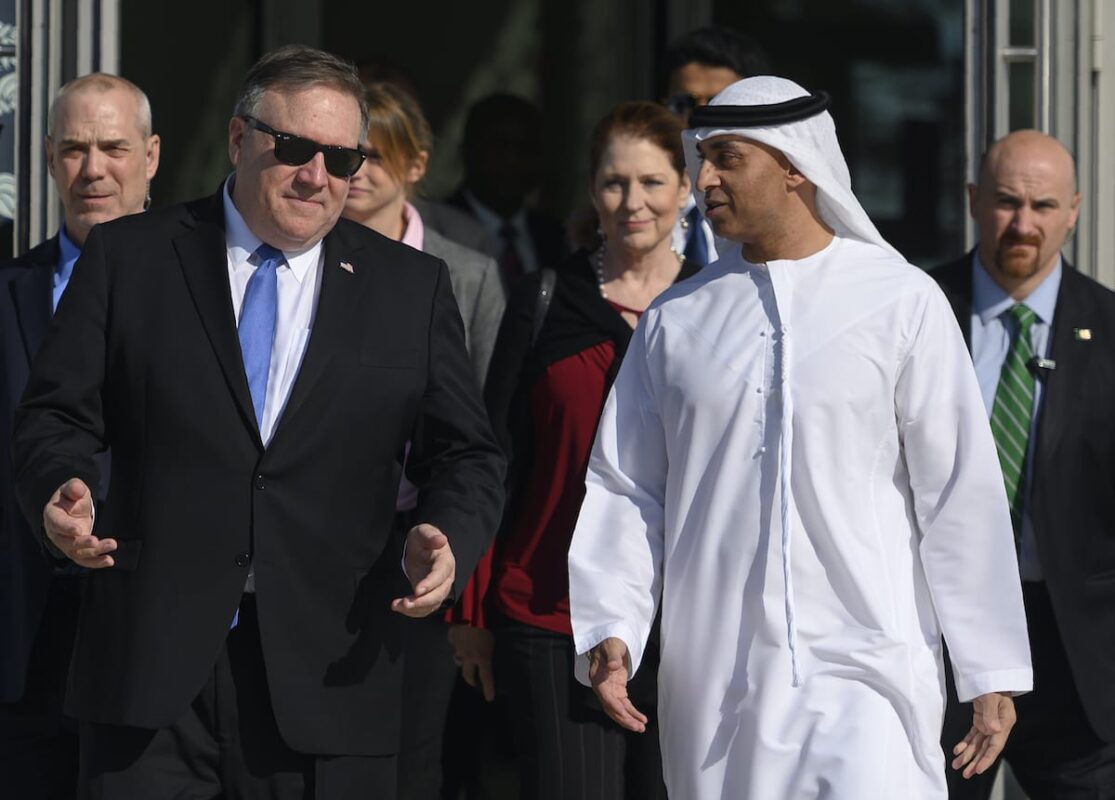 US Secretary of State Mike Pompeo (L) speaks with the Emirati Ambassador to the US Yousef Al Otaiba at the NYU Abu Dhabi campus in Abu Dhabi on 13 January 2019. [ANDREW CABALLERO-REYNOLDS/AFP via Getty Images]