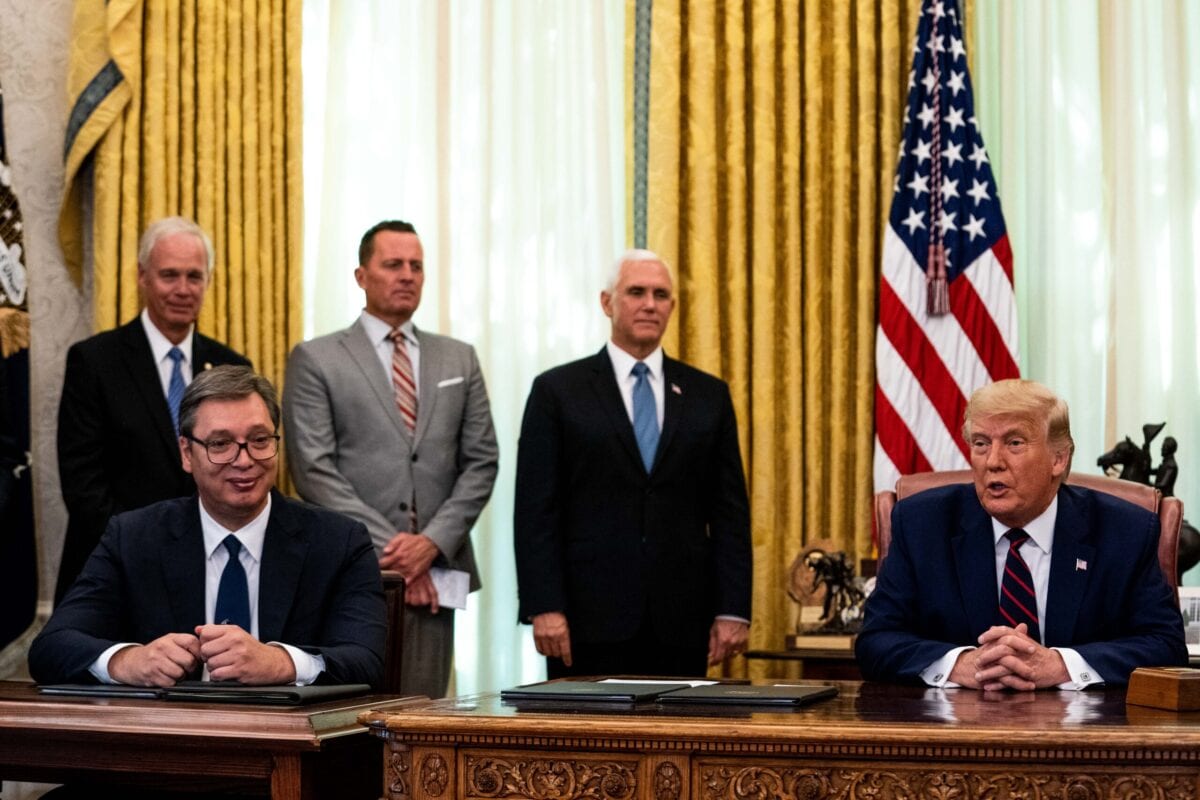 (L-R) President of Serbia Aleksandar Vucic and U.S. President Donald Trump attend a signing ceremony and meeting in the Oval Office of the White House on September 4, 2020 in Washington, DC. The Trump administration is hosting the leaders to discuss furthering their economic relations. [Anna Moneymaker-Pool/Getty Images]