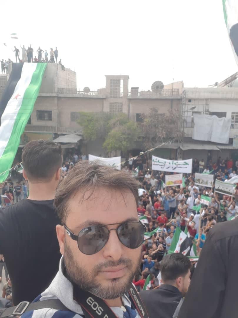 Obaida Al-Omar at a protest in Kafar Nabl, Idlib