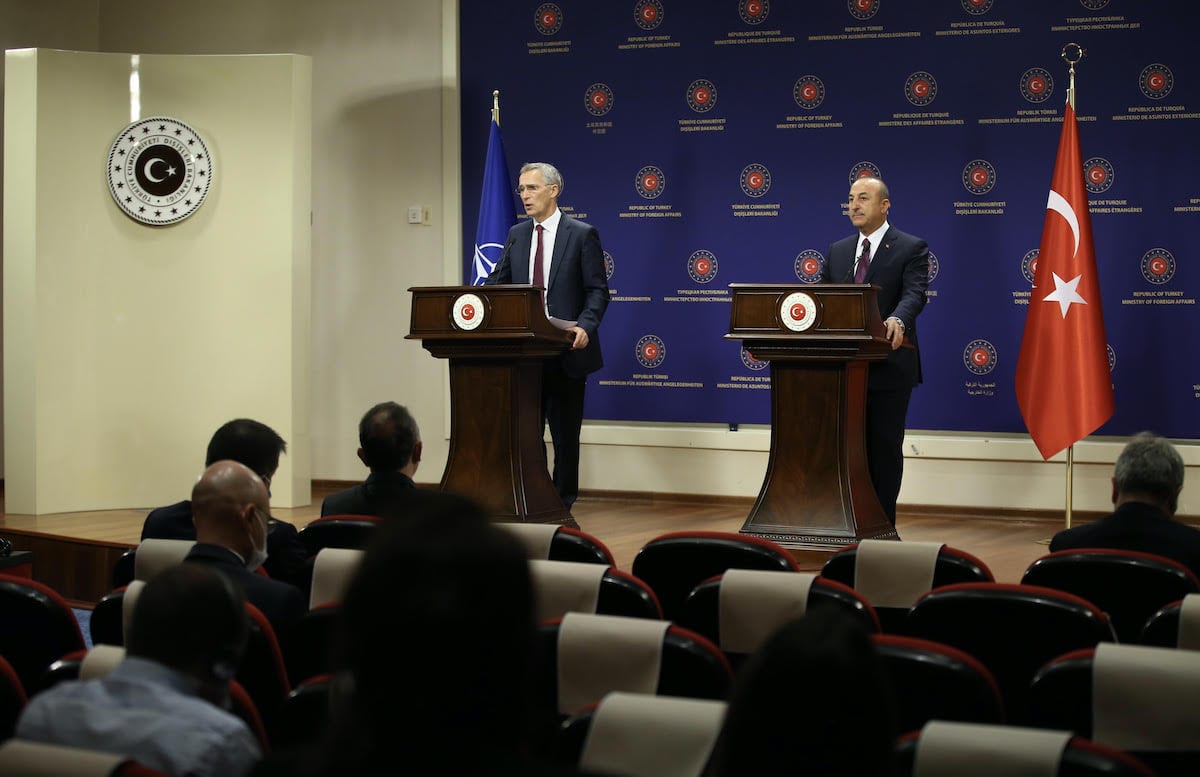 Turkish Foreign Minister Mevlut Cavusoglu (R) and NATO Secretary General Jens Stoltenberg (L) in Ankara, Turkey on October 05, 2020 [Fatih Aktaş/Anadolu Agency]