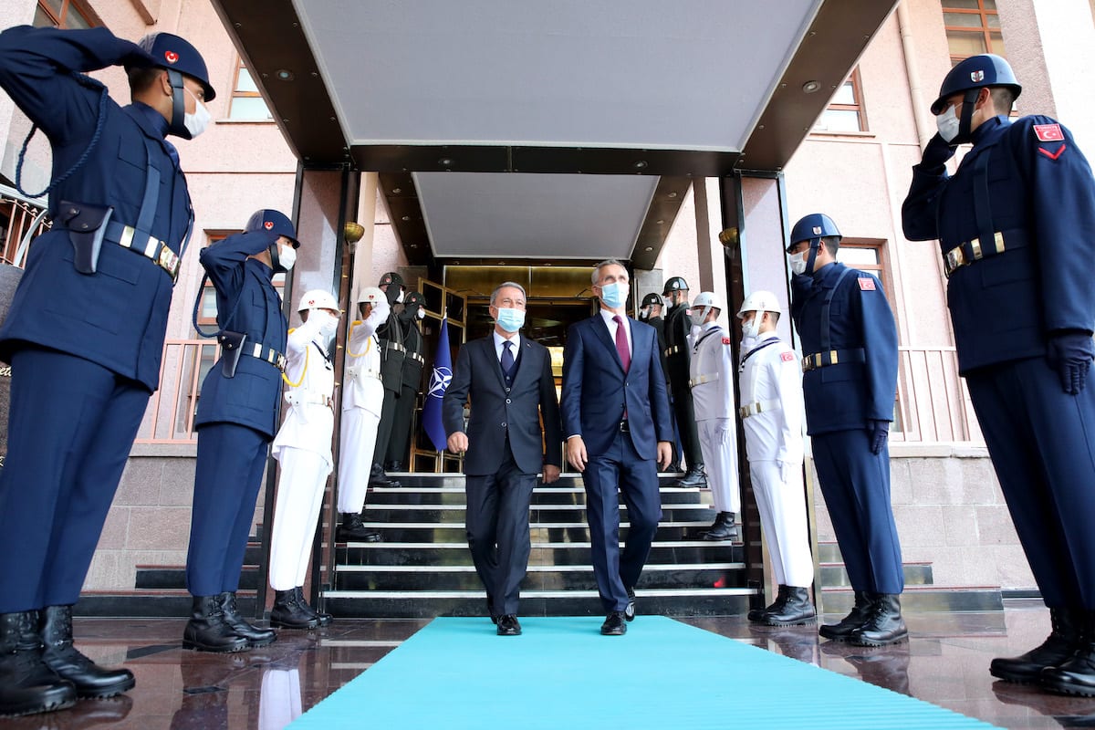 Turkish Defence Minister Hulusi Akar and NATO Secretary General Jens Stoltenberg meet in Ankara, Turkey on 5 October 2020. [Arif Akdoğan - Anadolu Agency]