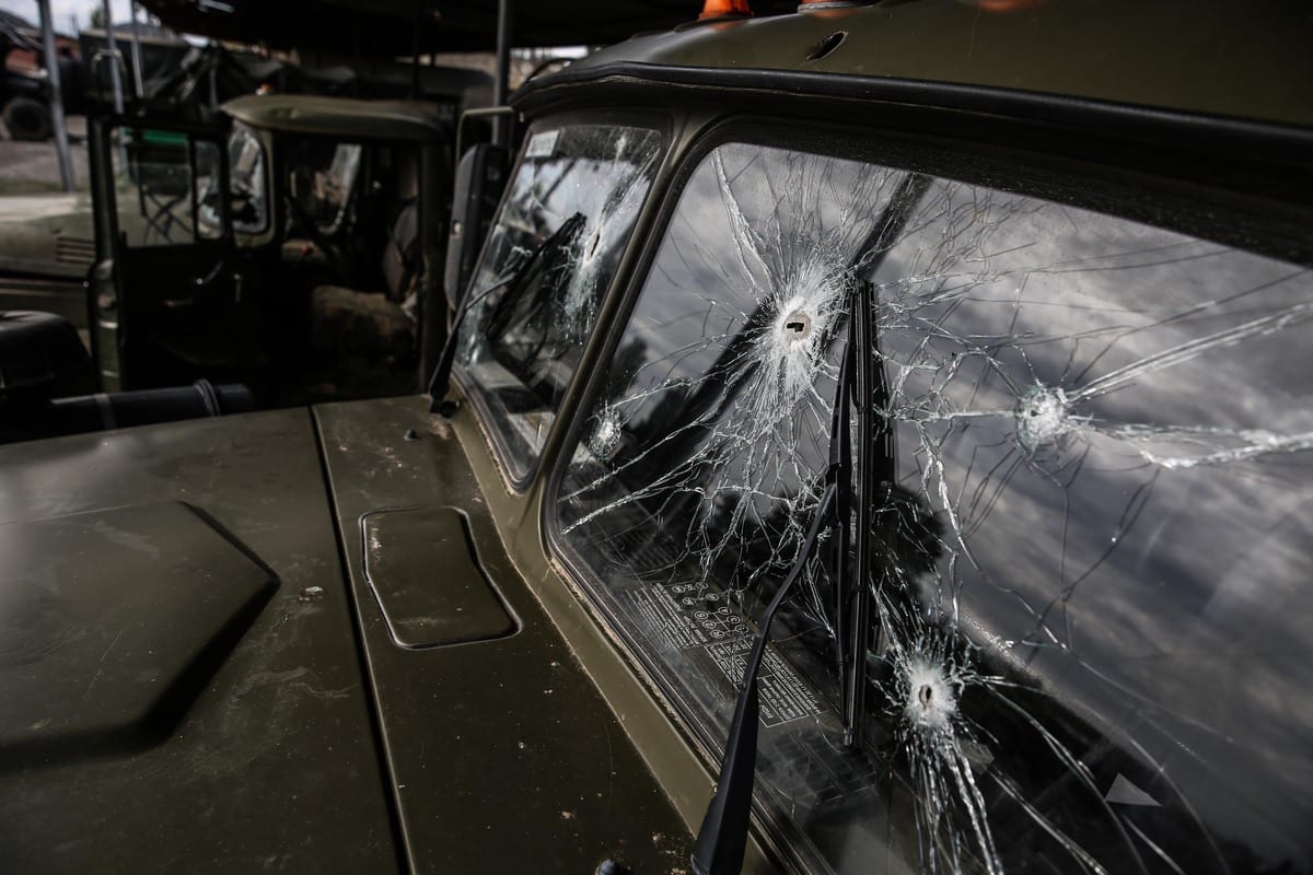 Bullet holes are seen on the window of an Armenian military vehicle, abandoned within the border clashes between Azerbaijan and Armenia on October 07, 2020 in Yevlakh, Azerbaijan [Onur Çoban - Anadolu Agency]