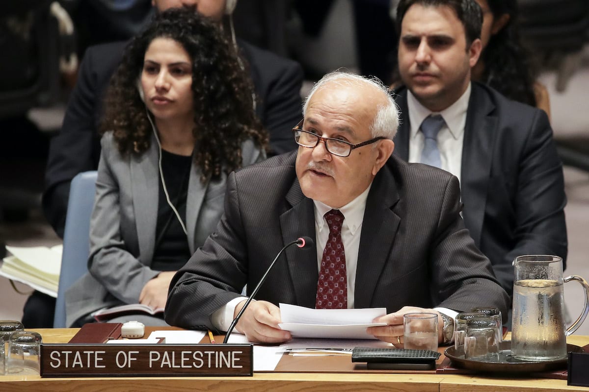 Permanent Observer of Palestine to the United Nations Riyad Mansour speaks during a United Nations Security Council meeting at UN Headquarters, on 24July 2018 in New York City. [Drew Angerer/Getty Images]