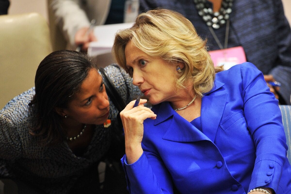 US Secretary of State Hillary Rodham Clinton (R) talks with Susan Rice (L), the US Ambassador to the United Nations in a Security Council meeting during the United Nations General Assembly on 23 September 2010 at UN headquarters in New York. [STAN HONDA/AFP via Getty Images]