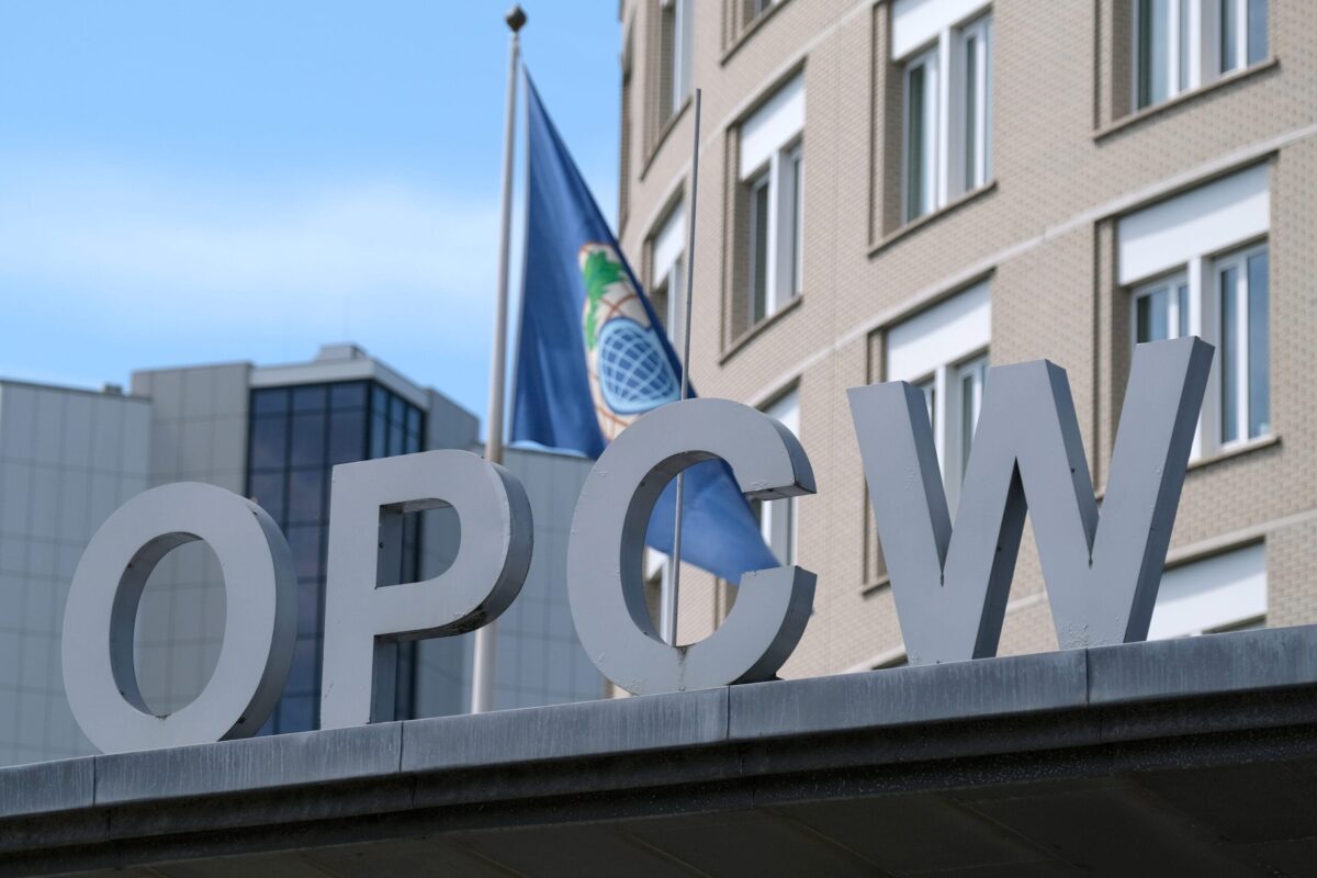 A logo of the Organisation for the Prohibition of Chemical Weapons (OPCW) is pictured at its headquarters building on June 24, 2020 in The Hague, Netherlands. [Yuriko Nakao/Getty Images]