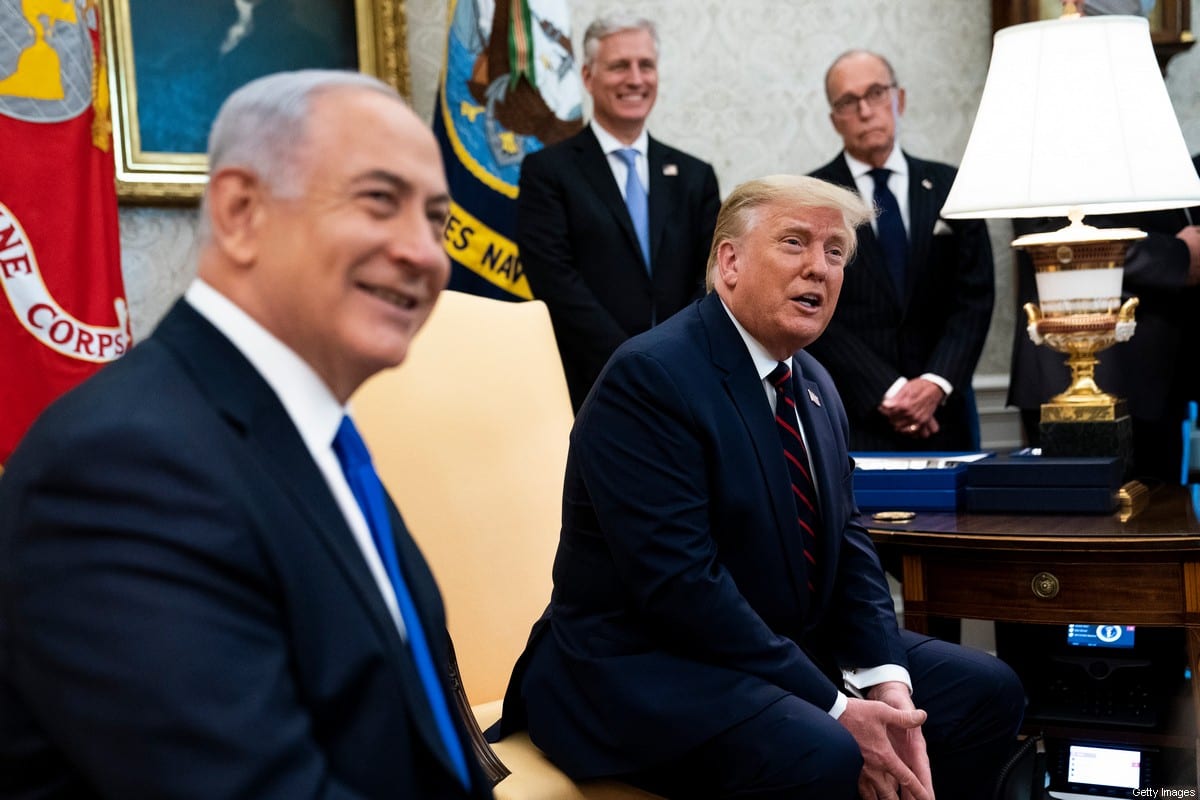 WASHINGTON, DC - SEPTEMBER 15: U.S. President Donald Trump and Prime Minister of Israel Benjamin Netanyahu participate in a meeting in the Oval Office of the White House on September 15, 2020 in Washington, DC. Netanyahu is in Washington to participate in the signing ceremony of the Abraham Accords. (Photo by Doug Mills/Pool/Getty Images)