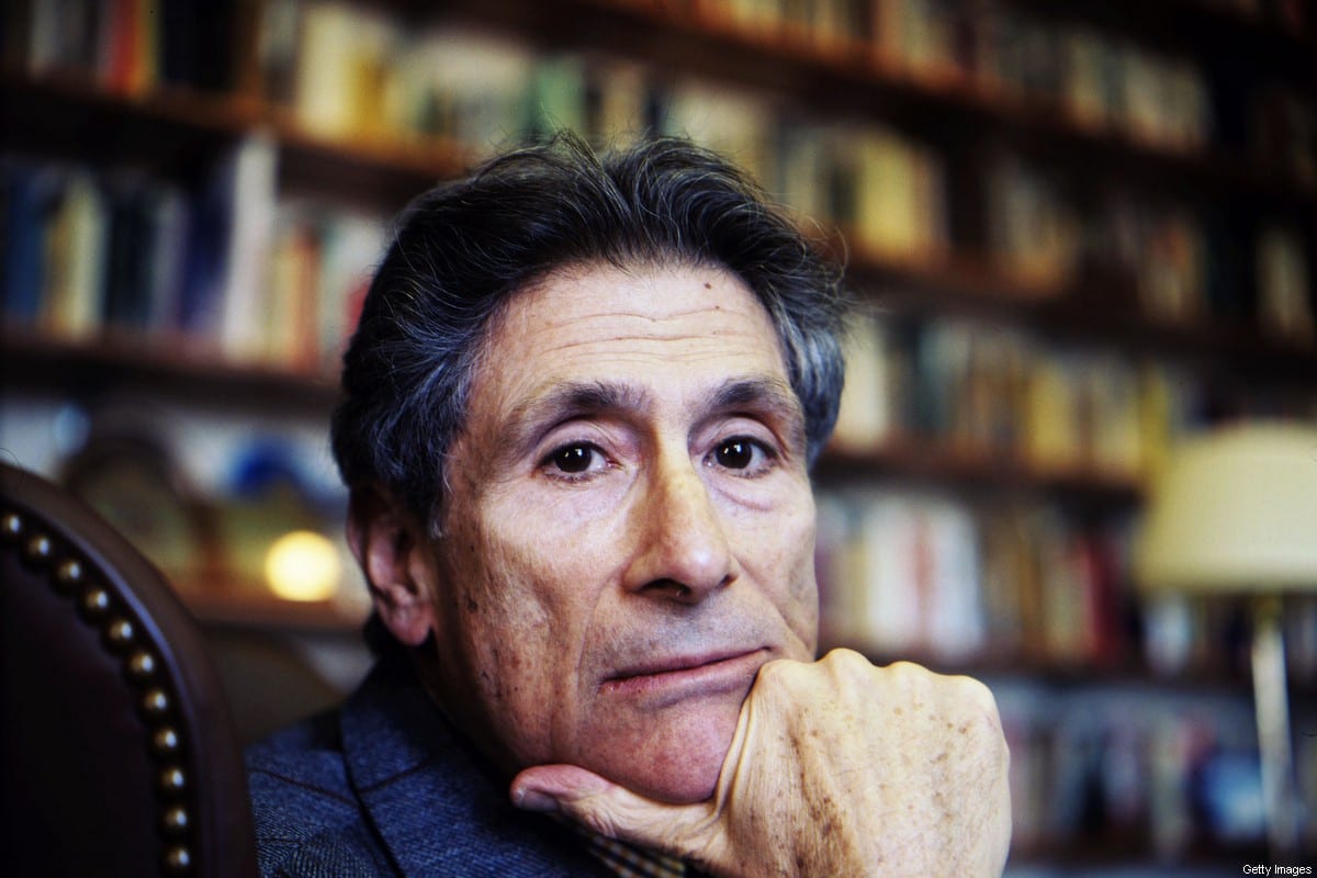 Professor and writer Edward Said poses February 8, 2003 in his office at Colombia University in New York City. He died on September 25, 2003. He was a fervent defender of the Palestinian cause. (Photo by Jean-Christian Bourcart/Getty Images)