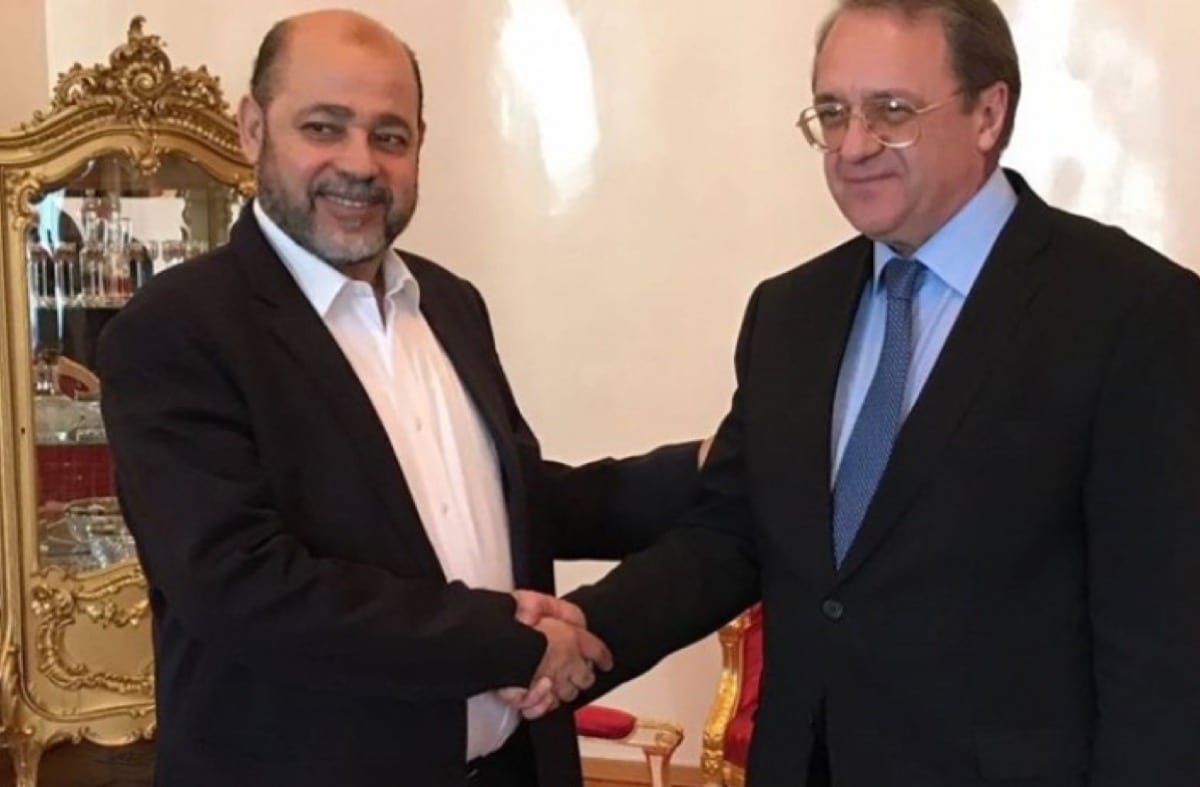 Senior leader of Hamas Mousa Abu Marzouk and Russian Deputy Foreign Minister and Presidential Special Envoy for the Middle East and Africa Mikhail Bogdanov [Shehab Agency]