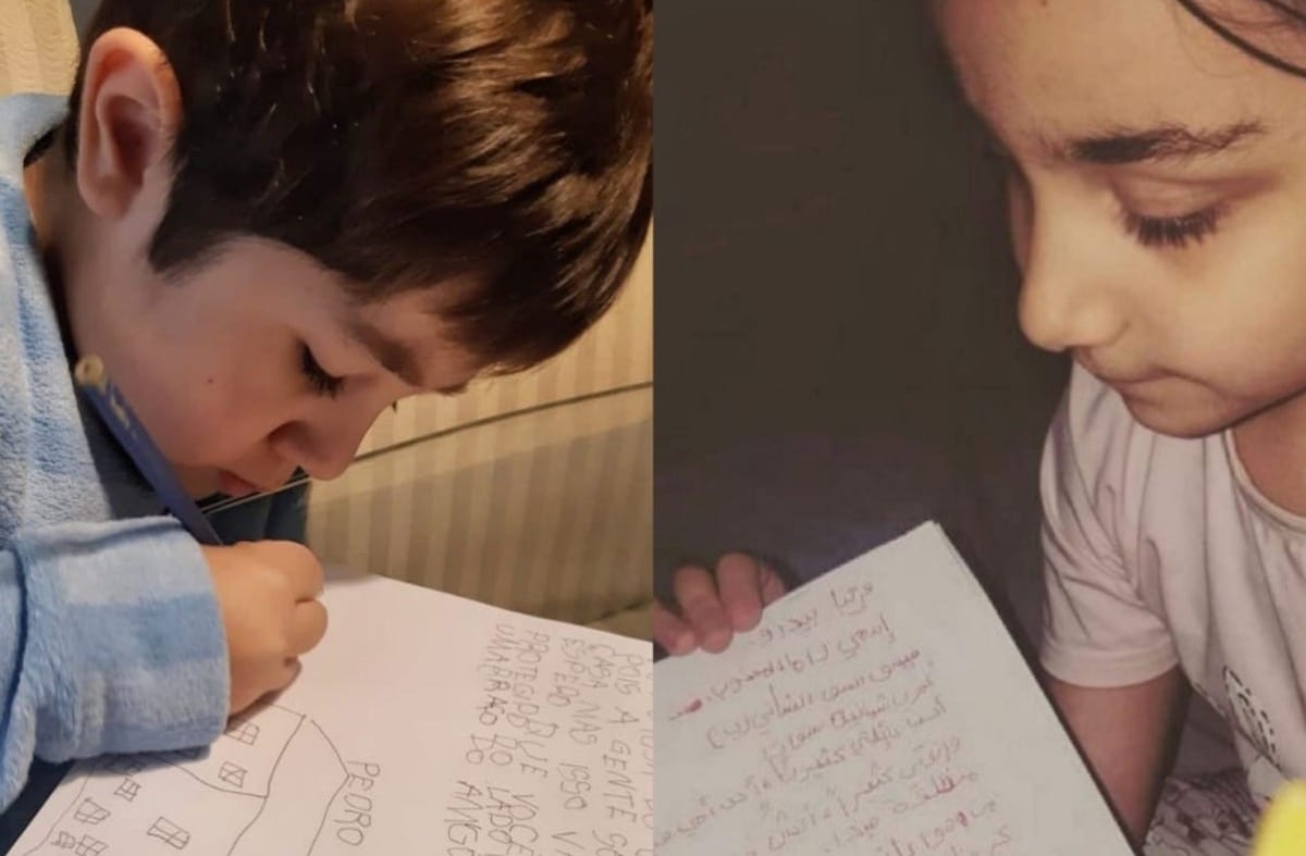 Pedro (left) a Brazilian boy, sent a letter to Rama, a palestinian girl in Lebanon, September 2020 [Angela Bastos]