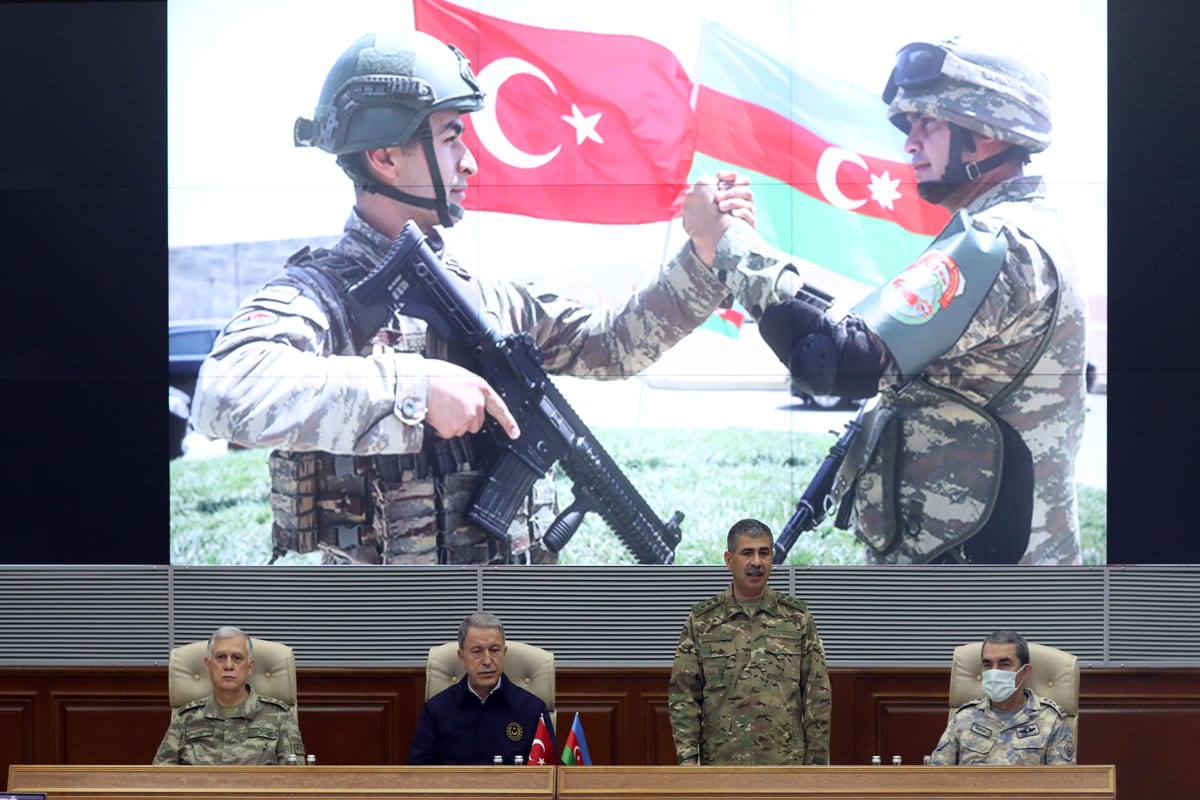 BAKU, AZERBAIJAN - NOVEMBER 11: Turkish Defense Minister Hulusi Akar, Turkey's Land Forces Commander Gen. Umit Dundar (L), Air Forces Commander Gen. Hasan Kucukakyuz (R) and Minister of Defence of Azerbaijan, Zakir Hasanov (2nd R) attend a ceremony held for the deal reached to halt fighting over the Nagorno-Karabakh, at Azerbaijan Defense Ministry in Baku, Azerbaijan on November 11, 2020. ( Arif Akdoğan - Anadolu Agency )