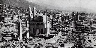 'Kobe Mosque in the wake of US bombing during World War II'.
