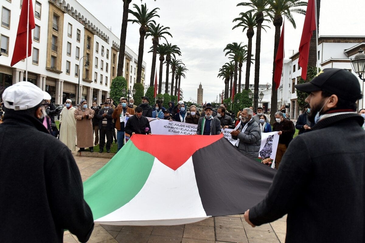 RABAT, MOROCCO - NOVEMBER 29: Moroccans protest the normalization deal with Israel to mark the International Day of Solidarity with the Palestinian People in Rabat, Morocco on November 29, 2020. ( Jalal Morchidi - Anadolu Agency )