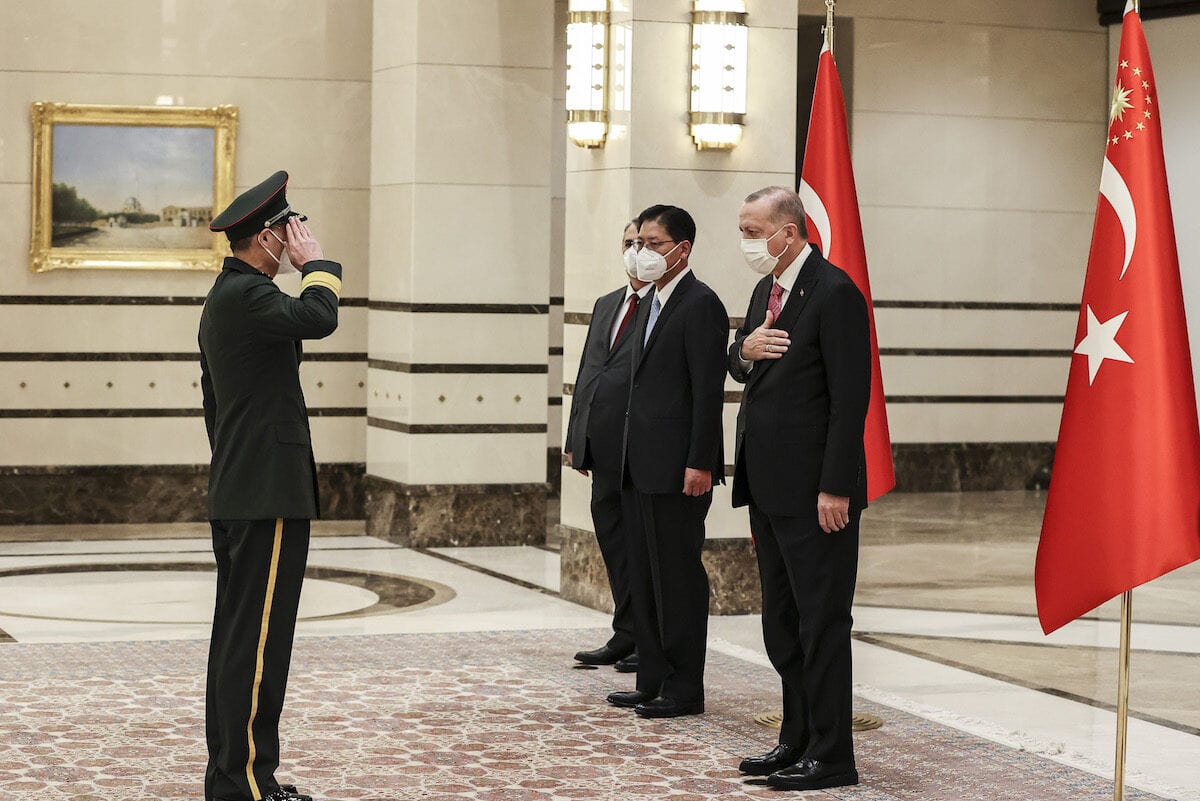 ANKARA, TURKEY - DECEMBER 15: Chinese Ambassador to Ankara, Liu Shaobin (2nd R) is seen after presenting the letter of credence to President of Turkey, Recep Tayyip Erdogan (R) at the Presidential Complex in Ankara, Turkey on December 15, 2020. ( Emin Sansar - Anadolu Agency )