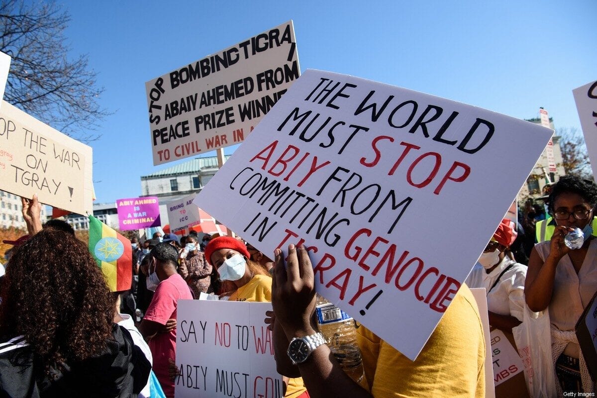 Ethiopians call for the end of the government's military actions in the northern Tigray region in front of the US State Department in Washington, DC, on November 9, 2020 [NICHOLAS KAMM/AFP via Getty Images]