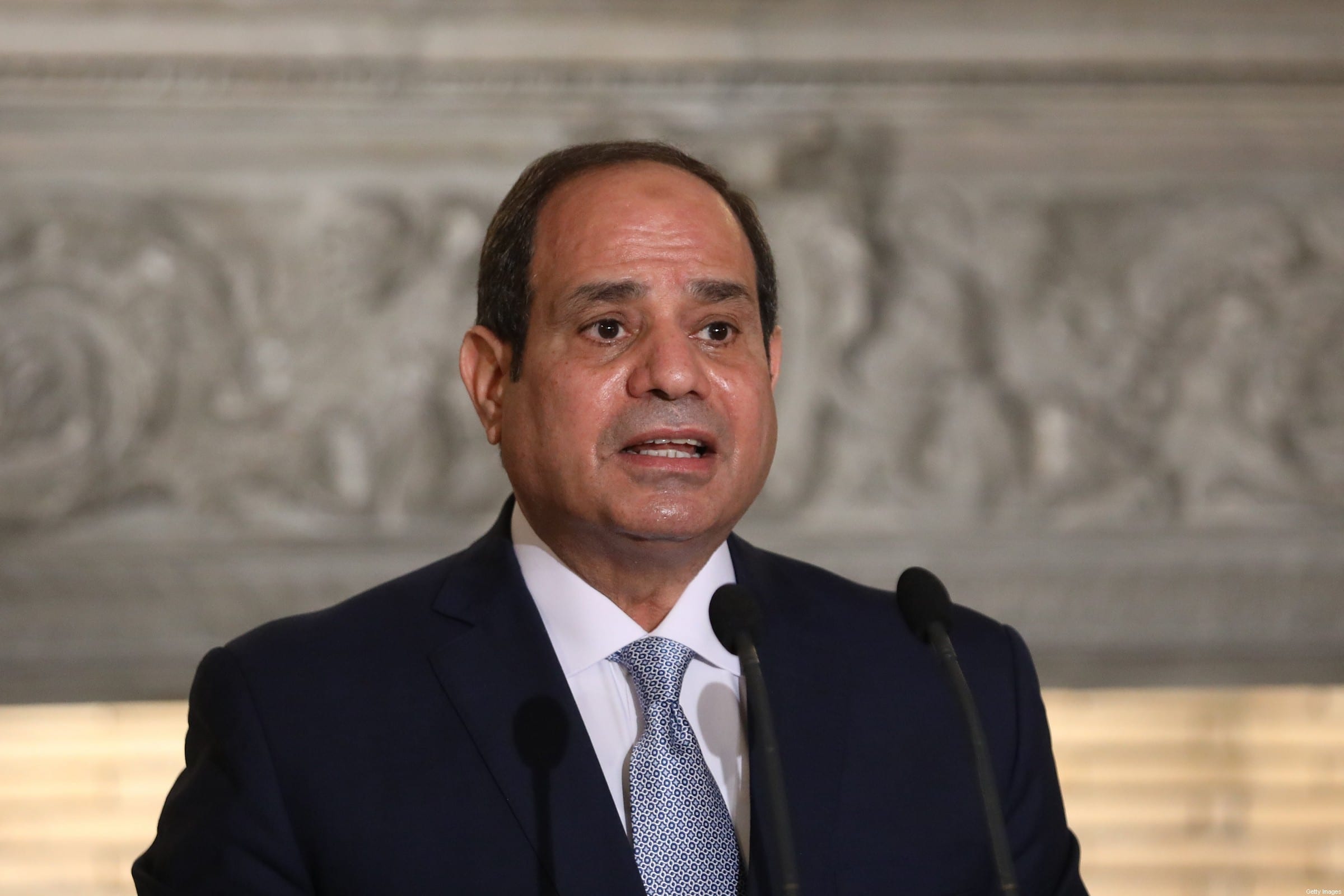 Egyptian President Abdel Fattah al-Sisi speaks during a joint news conference with Greek Prime Minister at Maximos Mansion in Athens on November 11, 2020. (Photo by Costas BALTAS / various sources / AFP) (Photo by COSTAS BALTAS/AFP via Getty Images)