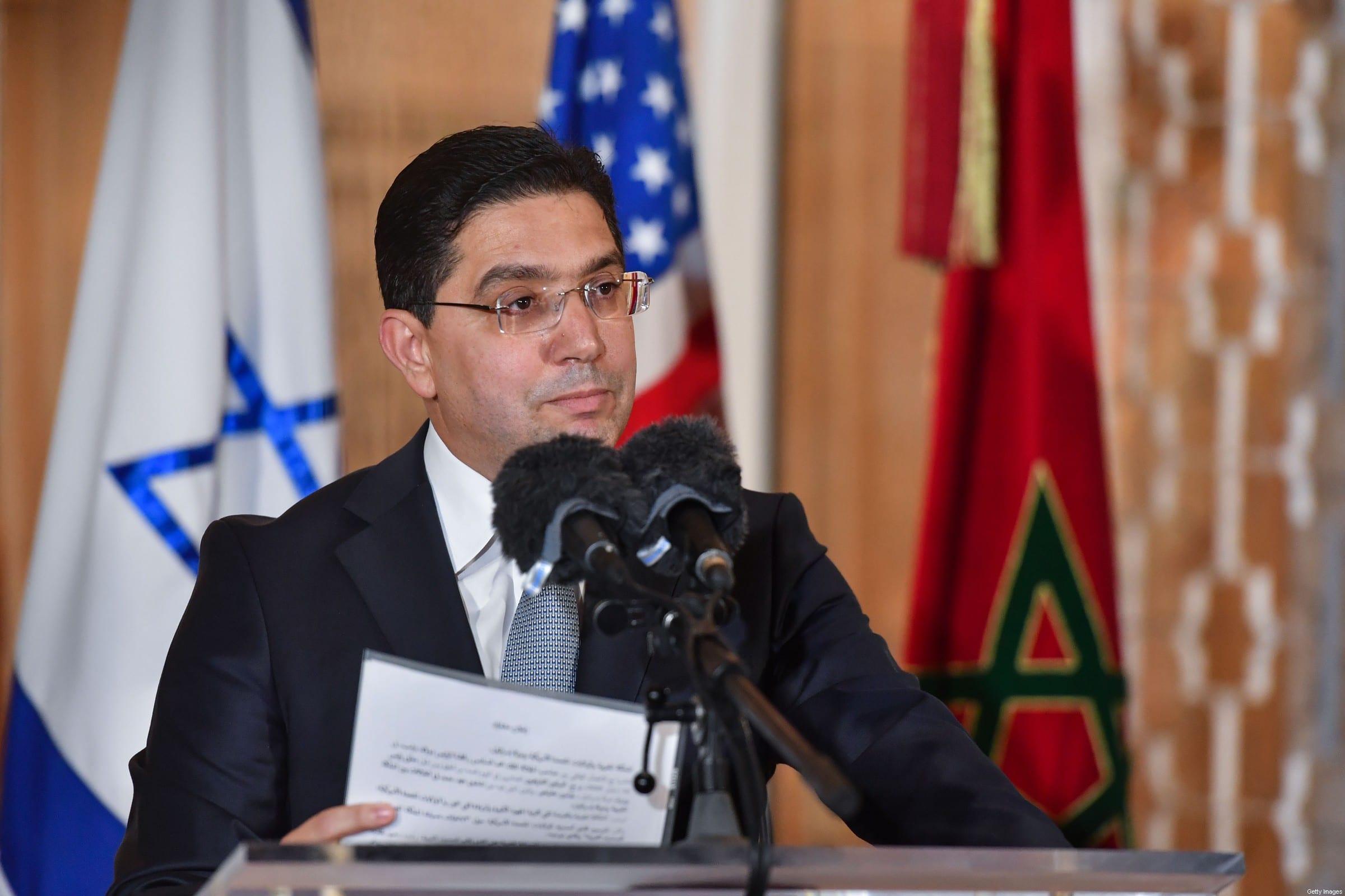 Morocco's Minister of Foreign Affairs Nasser Bourita speaks upon the arrival of the US Presidential advisor and Israeli National Security Advisor at the Royal Palace in the Moroccan capital Rabat on December 22, 2020, on the first Israel-Morocco direct commercial flight, marking the latest US-brokered diplomatic normalisation deal between the Jewish state and an Arab country. (Photo by FADEL SENNA / AFP) (Photo by FADEL SENNA/AFP via Getty Images)