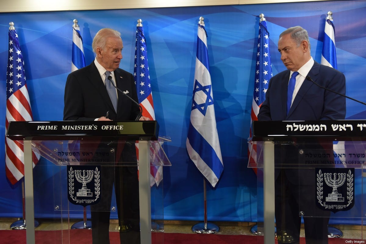 Then US Vice President Joe Biden (L) and Israeli Prime Minister Benjamin Netanyahu give joint statements to press in Jerusalem on March 9, 2016 [DEBBIE HILL/AFP via Getty Images]